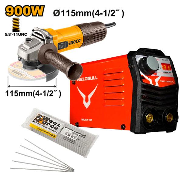 COMBO INVERSOR 130A 110/220 + ESMERIL 4-1/2´´ 900W + 2KG DE SOLDADURA 6013 /32